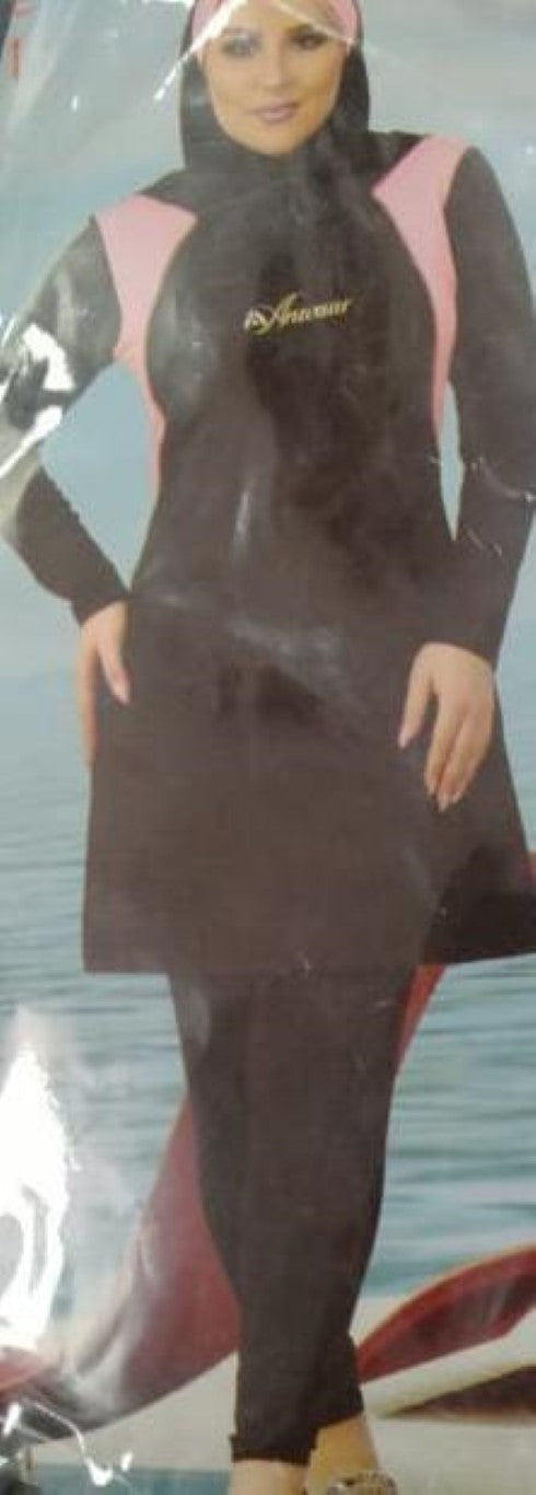 مايوه أنوار "أناقة الماء" الشرعي | بوركيني رياضي بتغطية كاملة للنساء | قماش سريع الجفاف ومقاوم للكلور للسباحة والرياضات المائية أسود * وردي