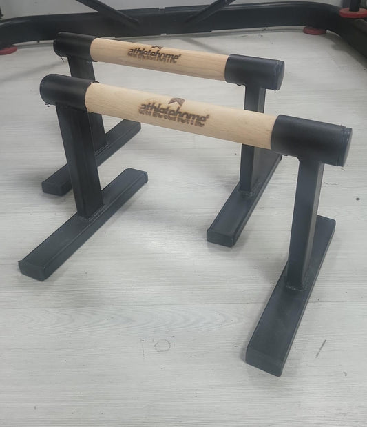 متوازي خشبي من Athlete Home للتدريب على تمارين الضغط، الديبس، الوقوف على اليدين والكاليستنكس – قاعدة فولاذية متينة ومقبض مريح مانع للانزلاق