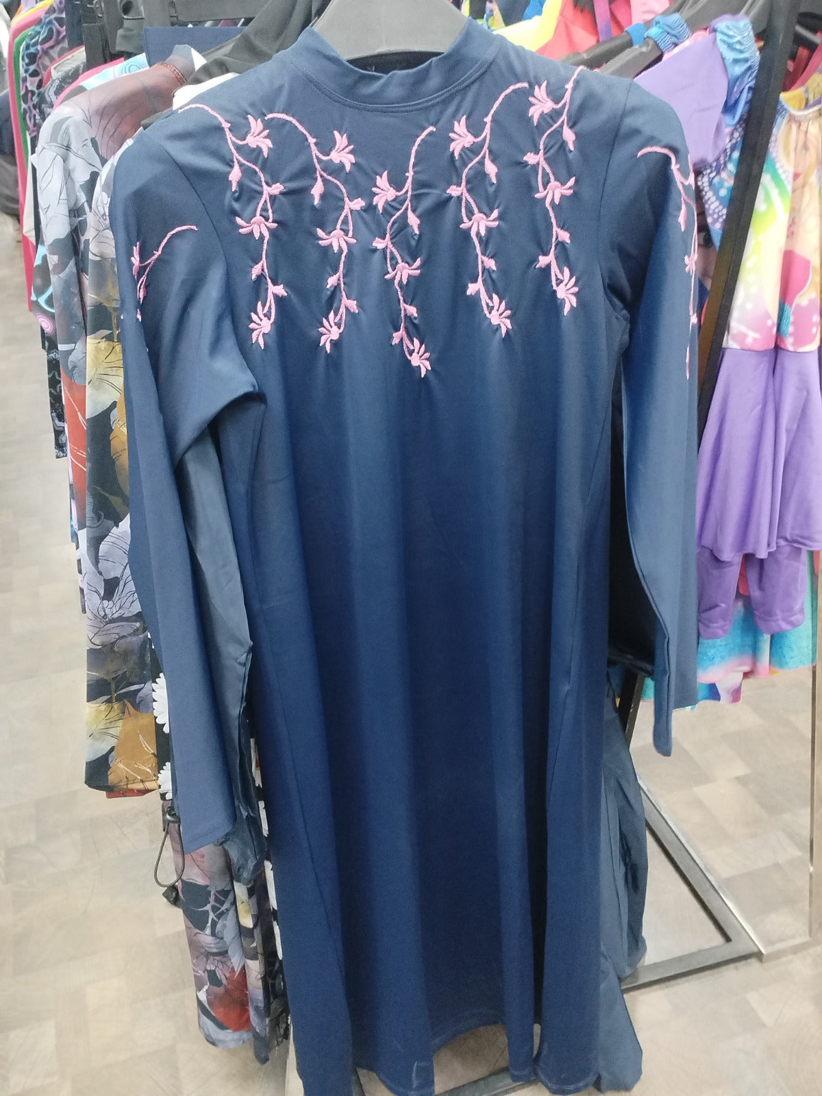 Athlete Home Premium Women's Embroidered Modest Swimsuit | Luxury Navy Blue Full-Coverage Burkini Swimwear with Quick-Dry Fabric for Pool and Beach Training