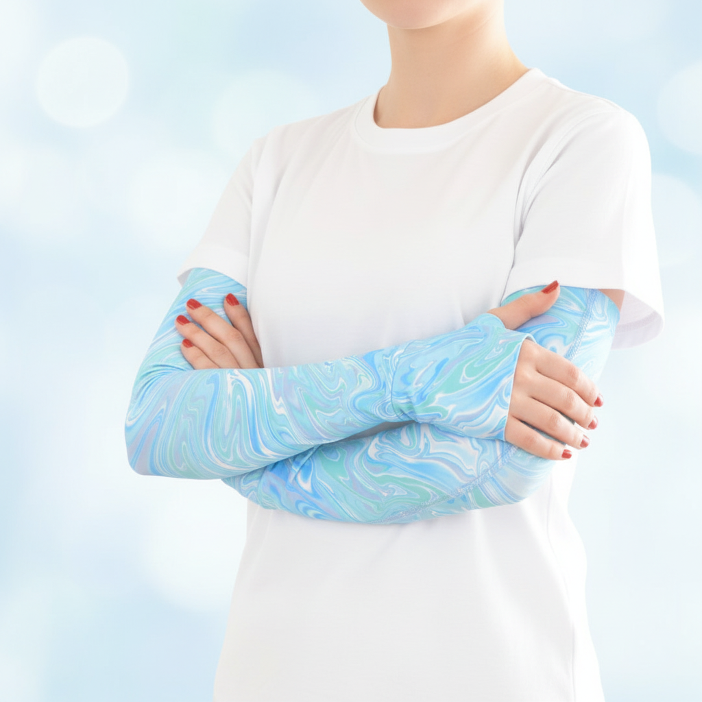 أكمام رياضية نسائية Aqua Swirl للأداء من Athlete Home | أكمام تبريد مع حماية من الشمس وفتحة إبهام للجري وركوب الدراجات والرياضات الخارجية
