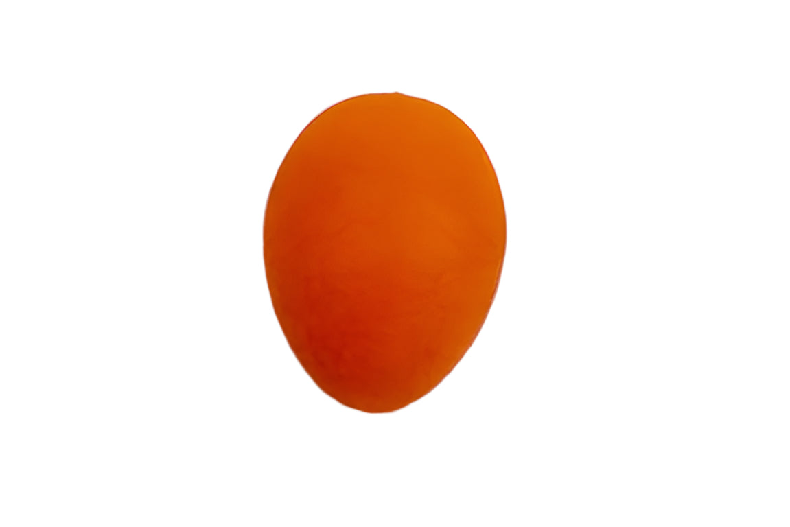 An orange, egg-shaped wrist rehabilitation squeeze ball placed on a white background.