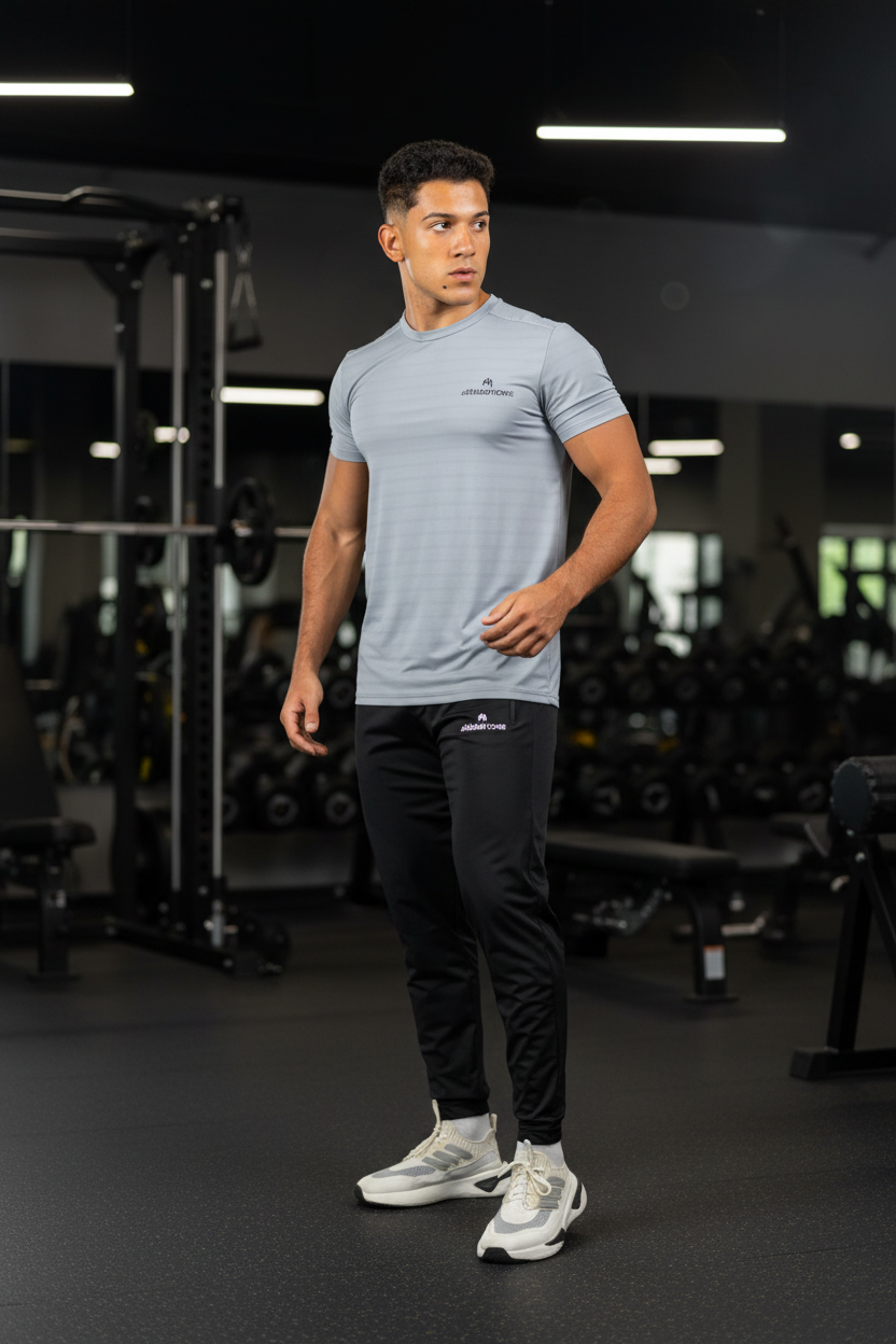 طقم تدريب رجالي Velocity من Athlete Home: تيشيرت Endurance مخطط للأداء وبنطلون رياضي Tapered | طقم خفيف الوزن يسمح بالتهوية للجيم والجري
