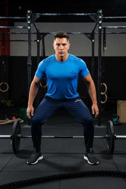 طقم تدريب رجالي Velocity من Athlete Home: تيشيرت Endurance مخطط للأداء وبنطلون رياضي Tapered | طقم خفيف الوزن يسمح بالتهوية للجيم والجري
