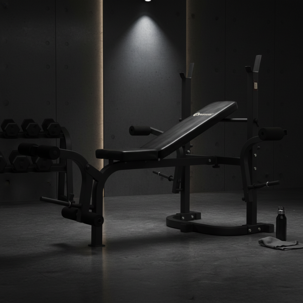 بنش القوة المتكامل Power Forge | بنش برس شديد التحمل مع حامل بار مدمج، جهاز إطالة الأرجل وتمرين البايسبس (Preacher Curl) لتمارين القوة لكامل الجسم في الجيم المنزلي