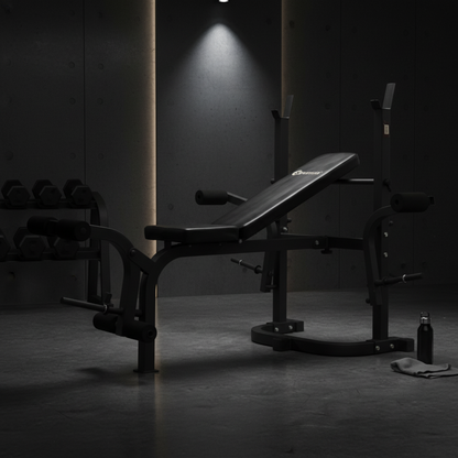 بنش القوة المتكامل Power Forge | بنش برس شديد التحمل مع حامل بار مدمج، جهاز إطالة الأرجل وتمرين البايسبس (Preacher Curl) لتمارين القوة لكامل الجسم في الجيم المنزلي