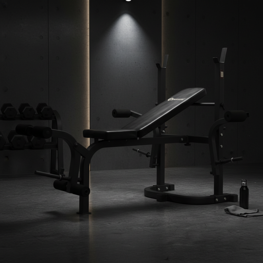 بنش القوة المتكامل Power Forge | بنش برس شديد التحمل مع حامل بار مدمج، جهاز إطالة الأرجل وتمرين البايسبس (Preacher Curl) لتمارين القوة لكامل الجسم في الجيم المنزلي