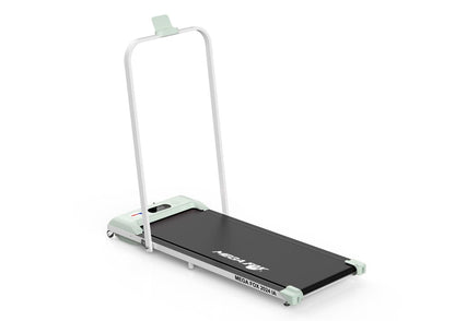 Modern lightweight treadmill with a sleek design and removable handles for easy storage."