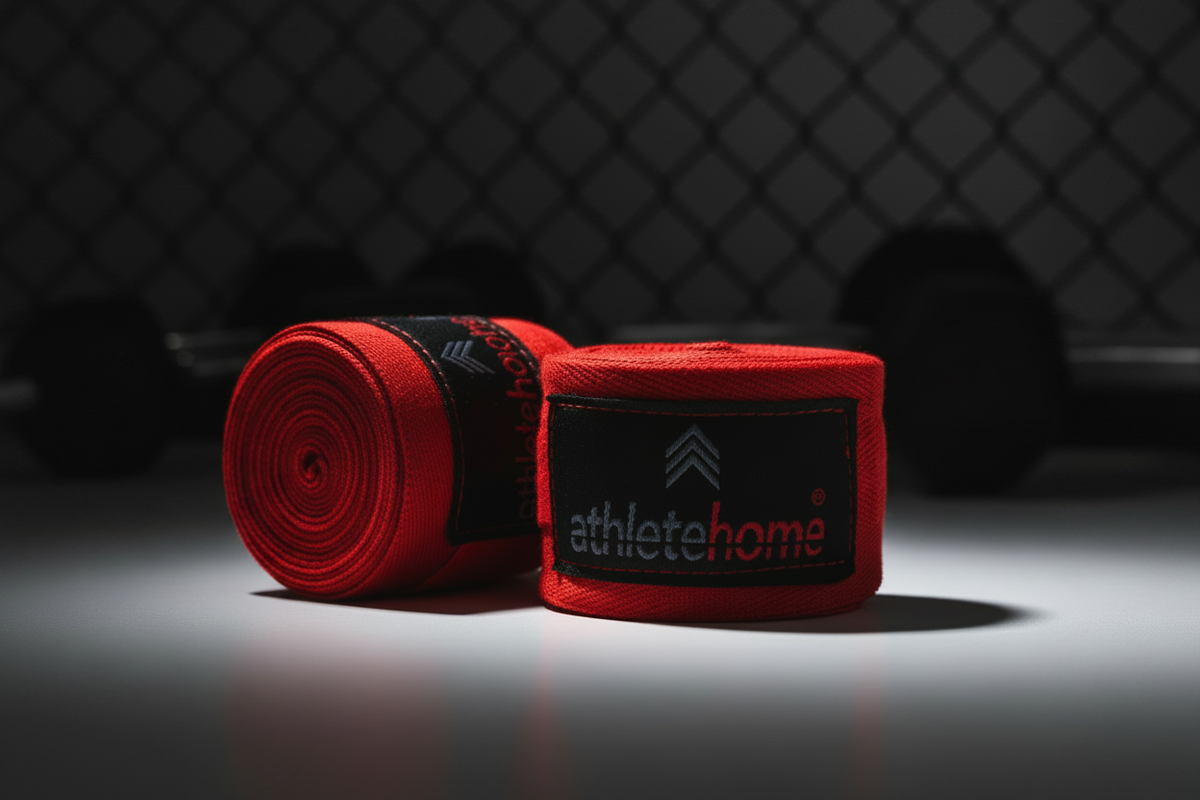رباط يد احترافي من Athlete Home مقاس 180 بوصة | باندج ملاكمة قطني شبه مرن باللون الأحمر لرياضات الفنون القتالية المختلطة، الملاكمة، والمواي تاي | لدعم الرسغ وحماية مفاصل اليد