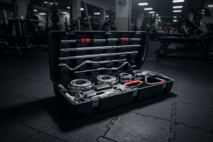 Complete Home Weightlifting Set with Barbell, EZ Curl Bar & Adjustable Dumbbells in Carry Case – Full Body Strength Training Kit