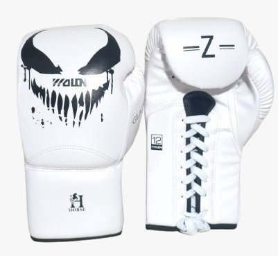 Athlete Home Premium Venom Edition Laced Boxing Gloves | Professional White Leather Combat Gloves for Sparring, Muay Thai & Heavy Bag Training