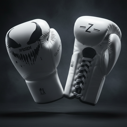 Athlete Home Premium Venom Edition Laced Boxing Gloves | Professional White Leather Combat Gloves for Sparring, Muay Thai & Heavy Bag Training
