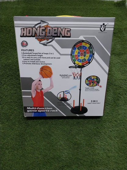 3-in-1 Multi-Function Game Sports Rack & Home Fitness Set | Adjustable Basketball Hoop, Target Game & Ring Toss for Active Families