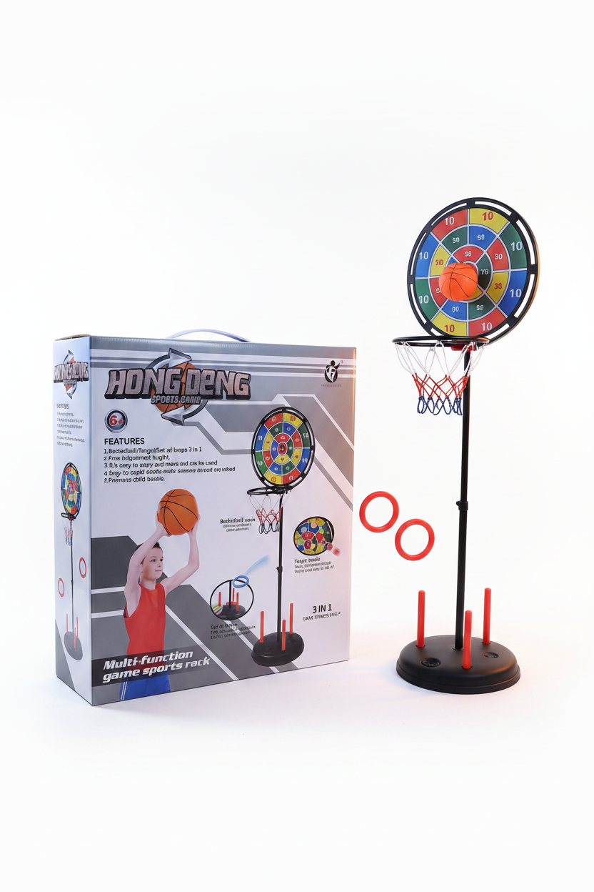 3-in-1 Multi-Function Game Sports Rack & Home Fitness Set | Adjustable Basketball Hoop, Target Game & Ring Toss for Active Families