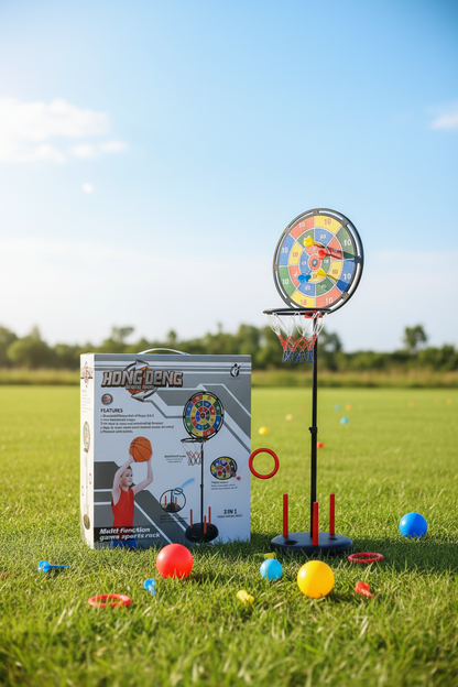3-in-1 Multi-Function Game Sports Rack & Home Fitness Set | Adjustable Basketball Hoop, Target Game & Ring Toss for Active Families