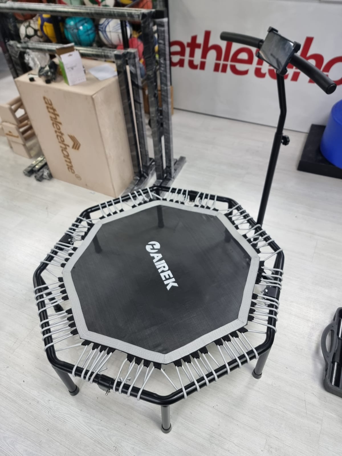 Airek Hexagonal Fitness Trampoline with Stability Handle Bar & Phone Mount – Heavy-Duty Foldable Rebounder for High-Intensity Cardio & Low-Impact Home Workouts (160 kg Capacity)