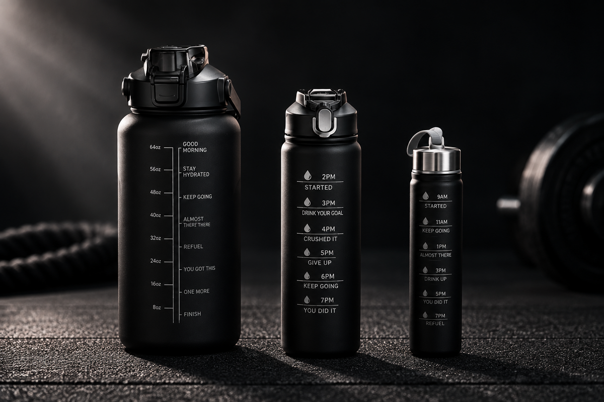 Black Motivational Water Bottle  – Multi-Capacity Sports Water Jug with Time Markers & 2L Capacity for Gym, Training & All-Day Hydration