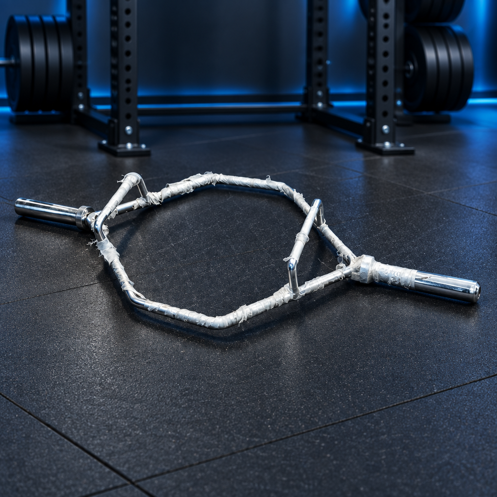 Eg hex barbell trap bar on a professional gym platform with a softly blurred strength-training background