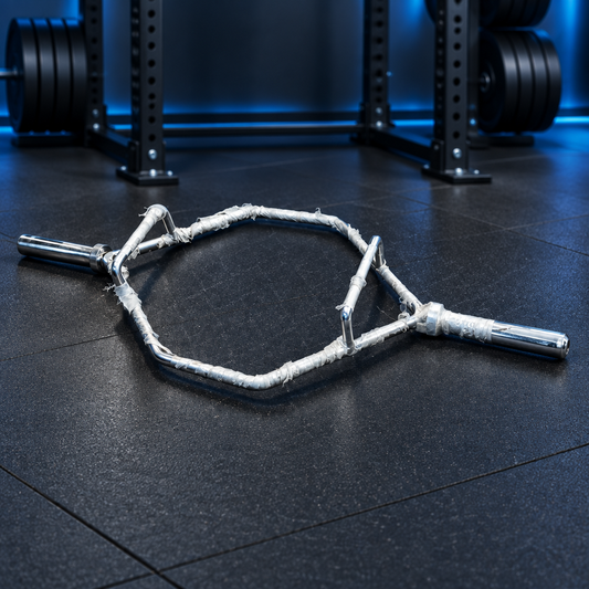Eg hex barbell trap bar on a professional gym platform with a softly blurred strength-training background