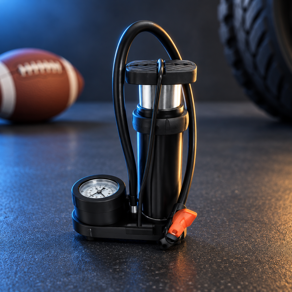 Portable mini foot pump with pressure gauge on a clean gym floor beside a football