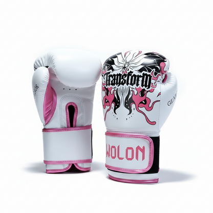 Wolon Transform Premium Boxing Gloves with Pink Flame Design – High-Density Foam Sparring and Heavy Bag Training Gloves for MMA, Kickboxing, and Fitness Cardio Workouts