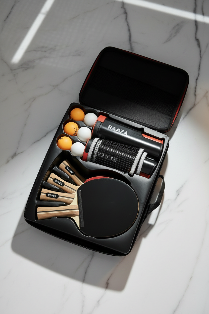 Athlete Home Premium Portable Table Tennis Set – Retractable Ping Pong Net, 4 High-Performance Paddles, 6 Durable Balls, and Premium Travel Storage Case for Home Gym and Recreation Raaza Ping Pong Bundle 4 Rackets - 6 Balls - Net - Bag