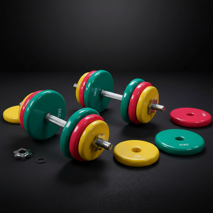 طقم دمبل فينيل قابل للتعديل من Athlete Home | بار كروم فاخر بمقبض محفور وأقفال محكمة | أقراص أوزان ملونة للجيم المنزلي وتمارين القوة لكامل الجسم