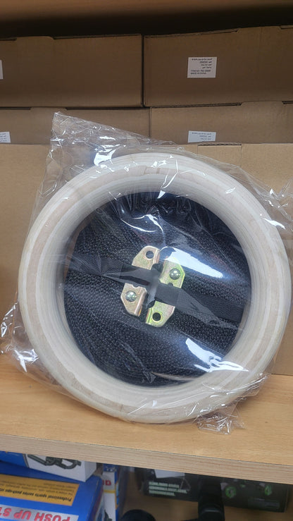 حلقات جمباز خشبية احترافية لتمارين الكاليسثنكس، الكروس فيت، وتقوية الجسم بالكامل - مع أحزمة متينة قابلة للتعديل